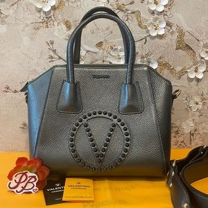 Valentino Black Leather Shoulder Bag with Studded V Logo